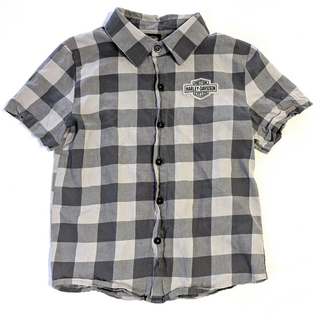 Harley-Davidson Boys Grey Buffalo Plaid Short Sleeve Button Up Shirt Size 8/10
